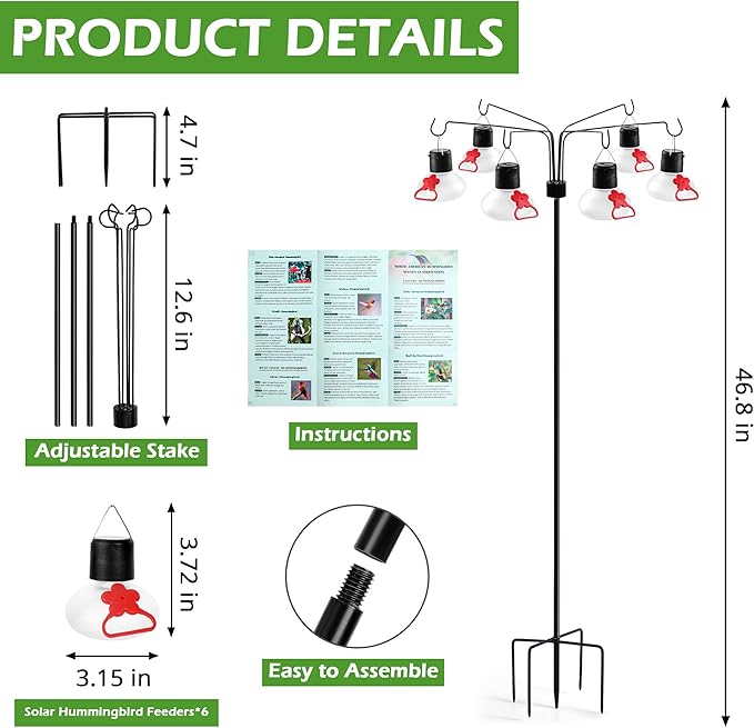 Solar Hummingbird Feeders for Outdoors Decorative Hummingbird Feeders Stand 6 Feeding Stations Never Leak Garden Decor Backyard,Gifts for Women Mom