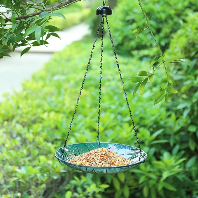 MUMTOP Hanging Bird Baths for Outdoors - Glass Bird Bath, 11 Inch Hanging Bird Bath Cardinal Bird Feeder Bowl for Outside, Garden, Lawn Yard Decor(Blue)