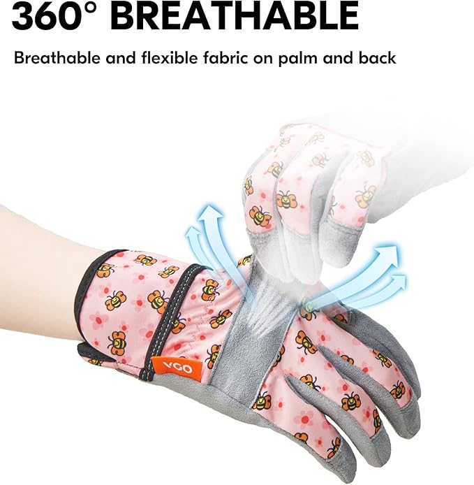 Vgo... 1-Pair Age 7-8 Kids Gardening Gloves,Children Yard Work Gloves,Soft Safety Outdoor Playing Gloves(Size XL, Pink Bee, KID-MF3561)
