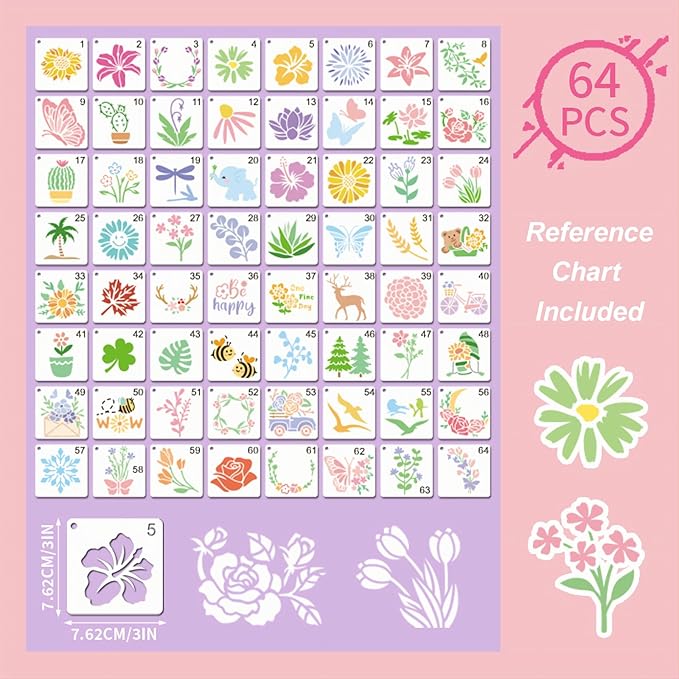 Flower Stencils for Painting, Professional Art Drawing Templates 64PCS 3x3 Clear PET Plastic with Rose Sunflower Patterns for Home Wall Art, Canvas Painting, Furniture Decor and DIY Crafts