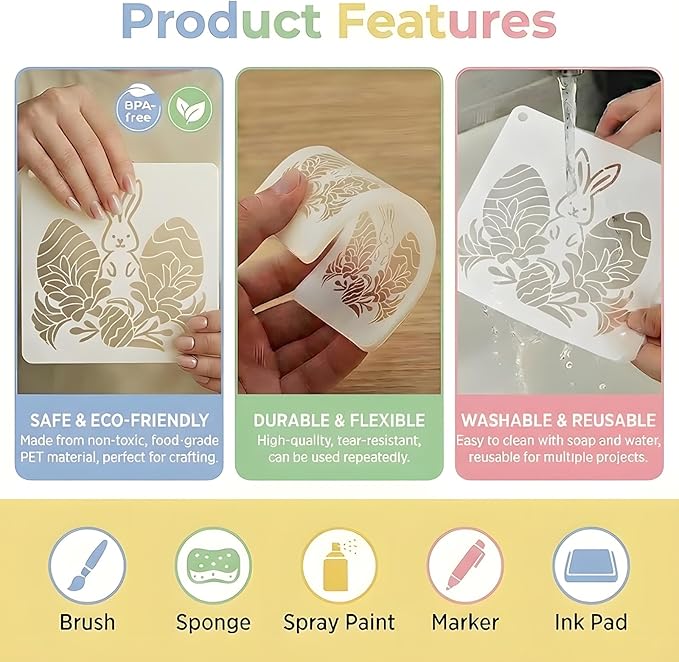Easter Stencils for Painting, 28PCS Plastic Stencils for Crafts Reusable Featuring Bunny & Egg Icons, Drawing Templates for Wood Cards Canvas Glass, Holiday DIY Kit for Kids & Adults