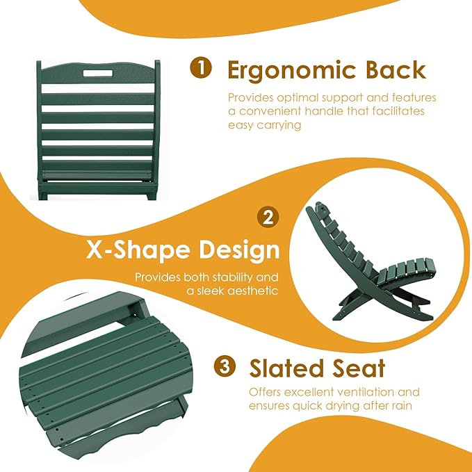 IVY&LANE Portable Xavier-Chairs Set of 2 | Folding-Adirondack-Chair | Wave | HDPE Plastic | Limited Edition | Forest Green | All-Weather Resistant | for Outdoor Fire-Pit Patio Lawn Beach Poolside