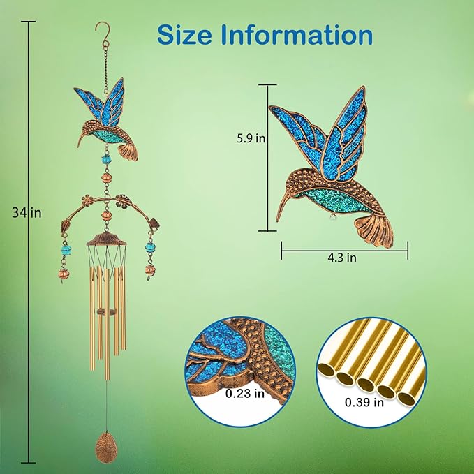 Wind Chimes - Blue Hummingbird Wind Chimes for Outside Deep Tone 34 inches 5 Aluminum Tubes, Birthday, Memorial, Hummingbird Gifts for Mom, Grandma, Decorations for Home, Garden, Patio, Backyard