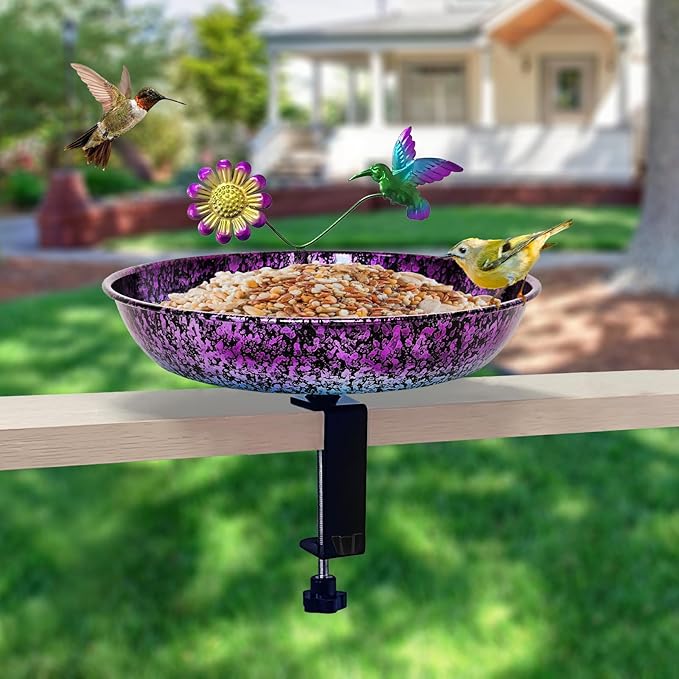 Deck Bird Bath for Outdoors, 11 Inch Colorful Purple/Blue Metal Birdbath Bowl Adjustable Steel Clamp Mounted Garden Bird Bath Feeder for Railing Balcony Outdoor Decor Yard Art