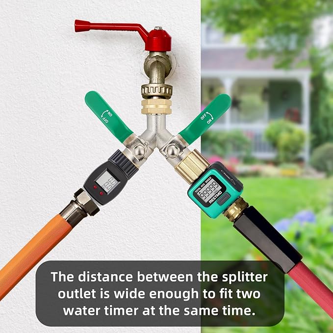 2 Way Hose Splitter, Brass High Flow Garden Hose Splitter Heavy Duty, Hose Connector, Water Spigot Splitter, Full Flow Faucet Splitter with shutoff, 3/4” GHT Inlet