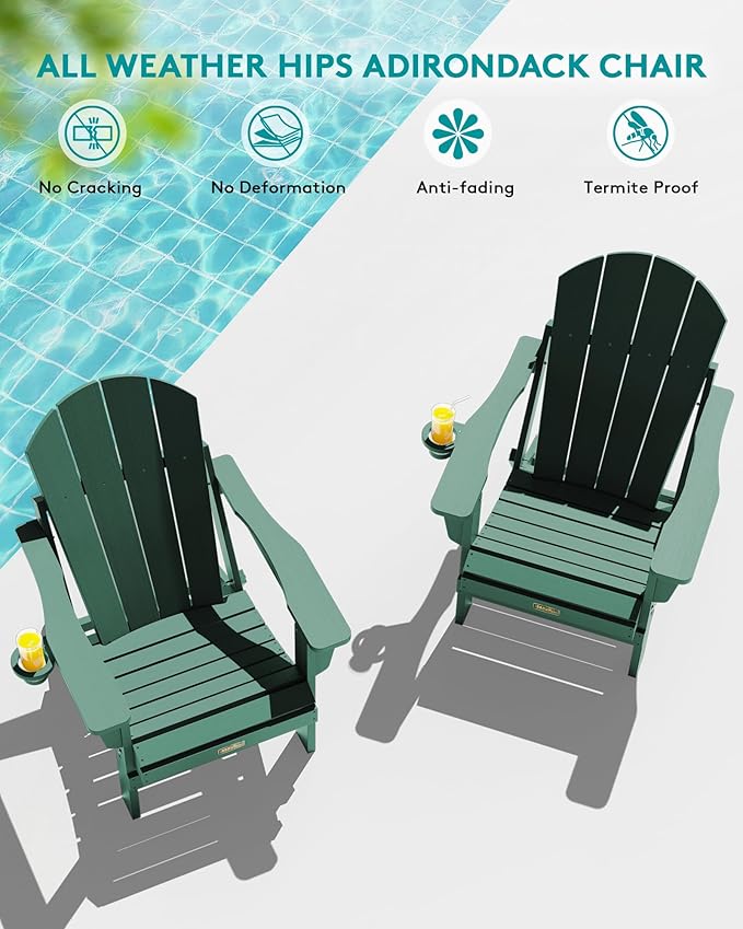 SERWALL Folding Adirondack Chair Painted Adirondack Chair Set of 8 Weather Resistant for Patio Deck Garden, Fire Pit & Lawn Furniture Porch - Green