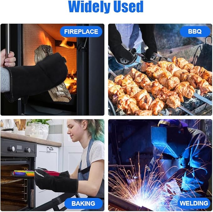 AUAUY Heat & Fire Resistant Gloves Leather BBQ Gloves Wear Resistant Heavy-Duty Welding Gloves for Grinding,Baking,Gardening