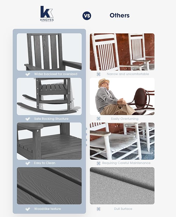KINGYES Outdoor Rocking Chair Set of 4, All-Weather Patio Rocking Chairs for Porch, HDPE Rocking Outdoor Chairs with High Back for Adult, Heavy Duty Outdoor Patio Rockers for Garden, Lawn, Gray
