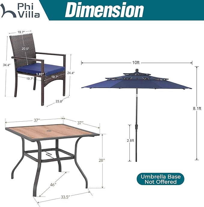 PHI VILLA 5 Piece Outdoor Dining Set with Umbrella for 4, 37" Square Metal Wood-top Dining Table & Wicker Rattan Chairs with Cushions & 10ft Blue Umbrella for Patio, Deck, Backyard, Porch