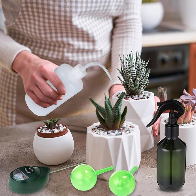 6 Pcs Indoor Watering Can Set 1/2 Gallon Can 6.8 oz Spray Bottle 17 oz Squeeze Bottle Plant Watering Globes Soil Moisture Meter Small Spraying Set for Indoor Outdoor Plants(Mint Green)