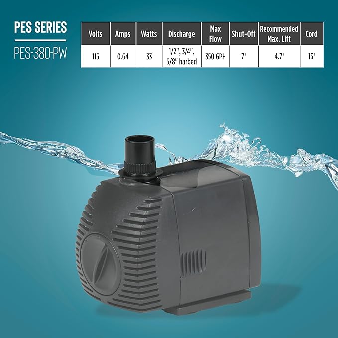 Little Giant PES-380-PW 115-Volt, 380 GPH Magnetic Drive Pump for Fountains and Small Ponds with 15-Ft. Cord, Black, 566718