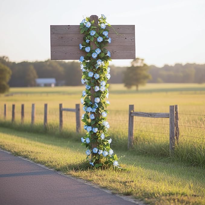 GTIDEA 4Pcs Fake Vines 30Feet Artificial Hanging Morning Glory Flower Garland Blue Faux Vines for Outdoors for Wall Fence Indoor Wedding Decor