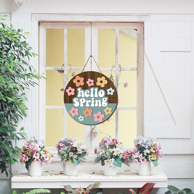 Whaline Hello Spring Wooden Hanging Sign Retro Boho Flower Wreath Sign Farmhouse Rustic Floral Door Hanger Sign for Indoor Outdoor Home Porch Window Decor