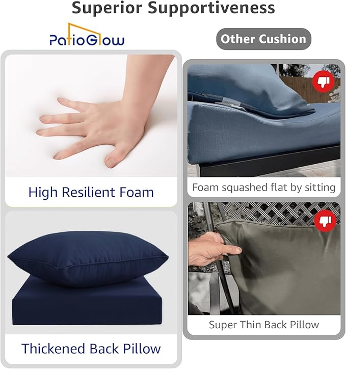 Outdoor Seat Cushion Set 22 x 22 x 4 Inch, Waterproof & Fade Resistant Patio Furniture Cushions with Removable Cover and Ties, Thick Deep Seating Pads for Outside Chair Sofa Couch, Dark Blue