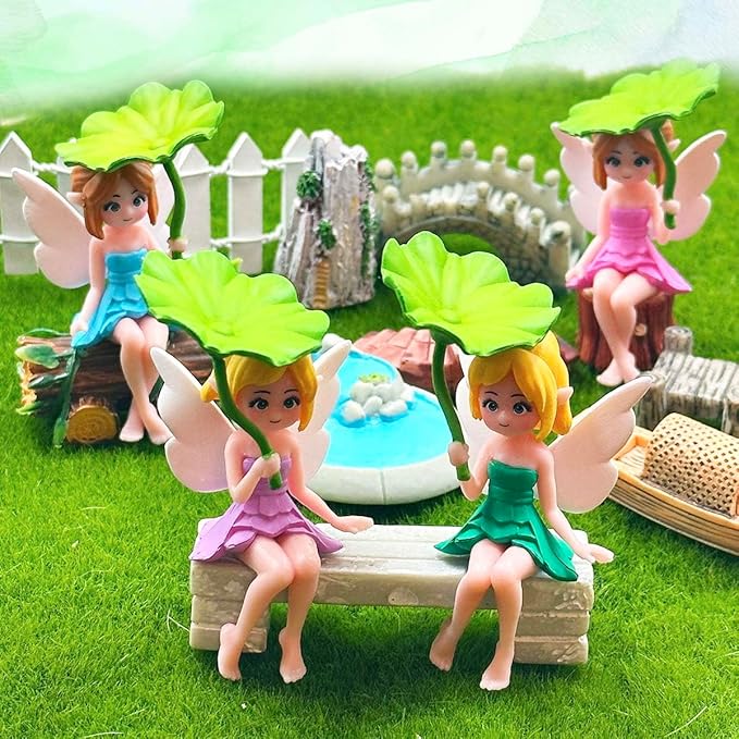 Miniature Fairy Figurines - 4Pcs Small Flower Fairies Ornaments Resin Mini Fairy Figurines Tiny Elf for DIY Fairy Garden Flower Pot Bonsai Micro Landscapes Craft Decoration Accessories (lotus leaf)