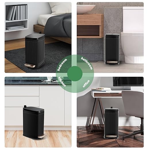 Small Dog Poop Trash Can Outside Soft Close Odor Filter&Step Pedal, 5L/1.3 Gal Stainless Steel Black Bathroom Garbage Can with Lid Inner Bucket,Slim Metal Waste Basket- Bedroom Office Cat Poop