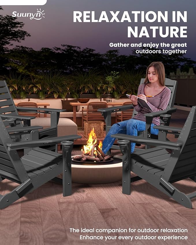 Folding Adirondack Chairs Set of 2,HDPE Adirondack Chair with Retractable Ottoman,Weather Resistant Patio Chair,Outdoor Chairs Set of 2(Gray)