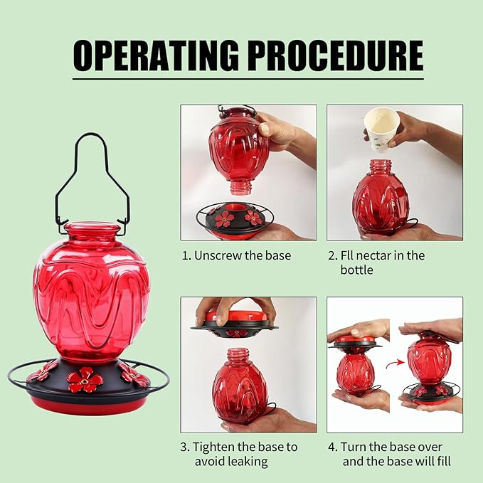 Glass Hummingbird Feeder for Outdoors Hanging, 24Ozs Humming Bird Nectar Feeder w/Perch, 5 Flower Feeding Ports, Leak Proof Base and Hook for Outside Garden Backyard Decor, Gifts for Women Mom, Red