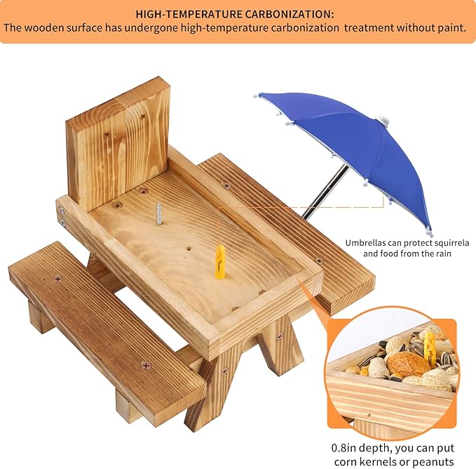 Gnodary Squirrel Feeder with Umbrella, Squirrel Feeders for Outside, Squirrel Picnic Table Feeder - Chipmunk Feeder Hold Corn, Corn Cob, Peanuts (Blue)