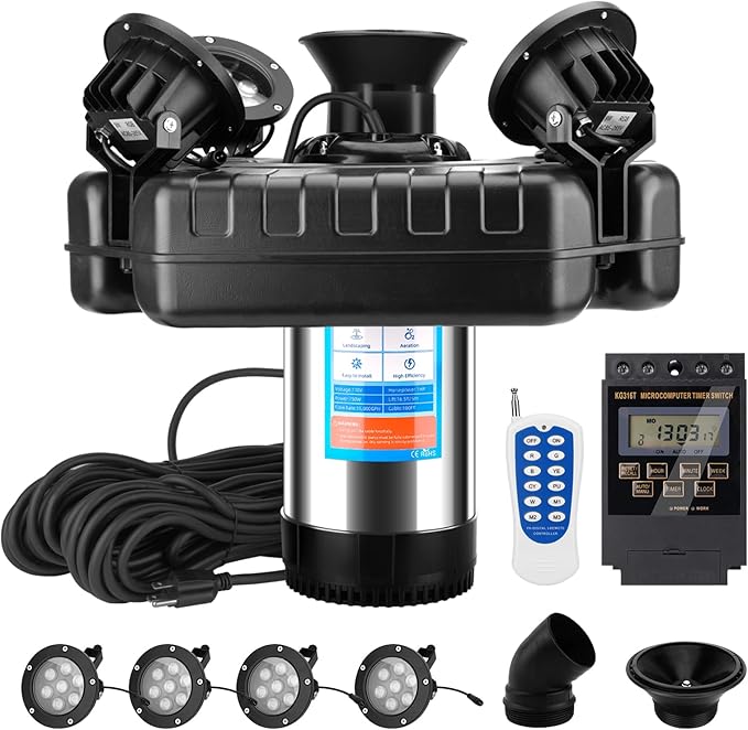 Upgraded Pond Fountain Aerator with 4 Color-Changing Mood Lights, 1HP 750W 110V 15000 GPH, Stainless Steel Body, 100ft Cord & Timer for Ponds & Lakes