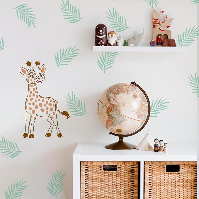 MAYJOYDIY 3pcs Small Animal Stencils Giraffe Zebra Lion Rhinoceros Elephant Tropical Leaves Painting Stencils 11.8×11.8inch with Paint Brush DIY Craft for Wood Wall Fabric Decors