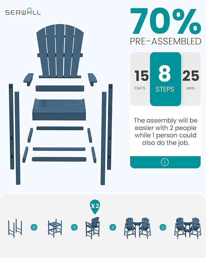 SERWALL Tall Adirondack Chairs Set of 4 with Double Layer Connecting Tray, HDPE Bar Height Outdoor Chairs, Wood-Like Adirondack Bar Stools for Patio, Balcony, Porch, Blue