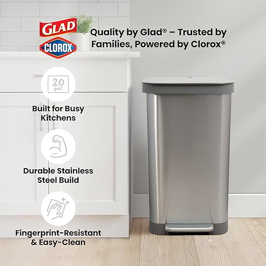 Glad Stainless Steel Step Trash Can, Series 2 with Clorox Protection - Large Metal Kitchen Garbage Bin with Soft Close Lid, Foot Pedal and Waste Bag Roll Holder, 20 Gallon