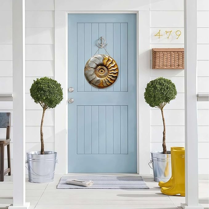 Nautilus Shell tin sign, Vintage Ammonite Fossil metal sign Print Aesthetic Room Decoration for Home Bedroom Bar Cafe Garden and Outdoor Round Wall Decor (12 inch)