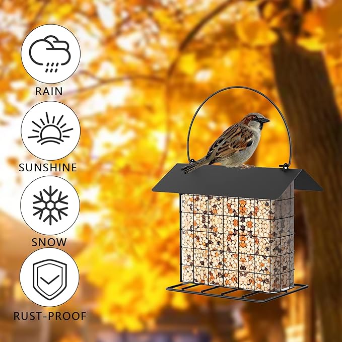 Suet Ball Bird Feeder Outdoor Hanging Metal Wire Wild Bird Feeder Fat Ball Food Feeder with Metal Roof and Platform Outside Cake Suet Feeder Rainproof (Black)