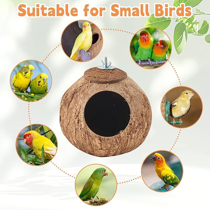 Coconut Bird Nest for Cage Natural Coconut Shell Birds House Parakeet Small Coconut Hide Breeding Hut Bird Cage Accessories for Parrot Lovebirds Budgies Cockatiel Conure Finch Canary