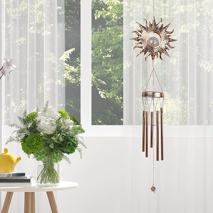 Solar Wind Chimes, Sun Wind Chime Outdoor Clearance w/Glowing Crackle Glass LED Unique Wind Bells for Outside Waterproof Chimes, Gifts for Her/Him (42" Long Metal Chimes)…