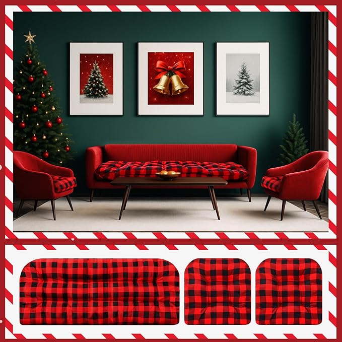 Barydat 3 Pack Wicker Furniture Cushions Waterproof Outdoor/Indoor Tufted Wicker Chair Cushions 1 Loveseat and 2 U-Shape Rattan Chairs for Patio Furniture, Rattan Love Seat, Bench(Red Plaid)