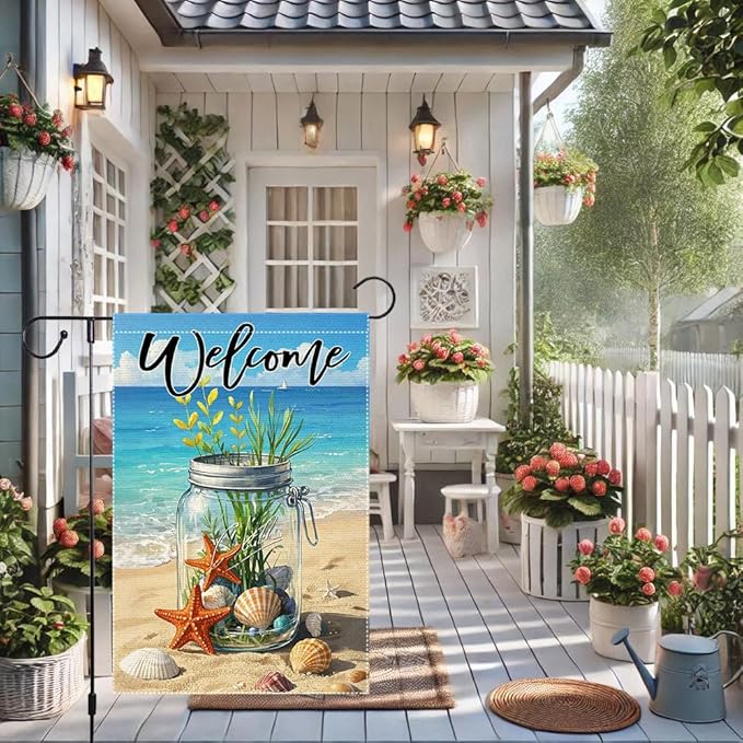 Sea Shell Starfish Mason Jar Garden Flag 12x18 inch Vertical Double Sided Coastal Burlap Outdoor Lawn Beach Welcome Summer Garden Flags Decorations