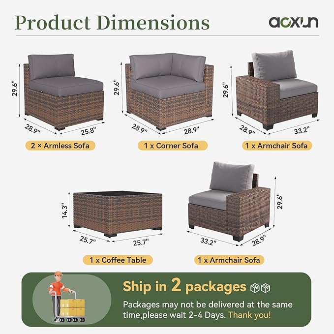 Aoxun 6 Piece Patio Furniture Set with Wide Armrests Wicker Rattan Outdoor Sectional Sofa Set with Coffee Table and Thickened Cushions, Brown/Grey(Waterproof Cover Included)