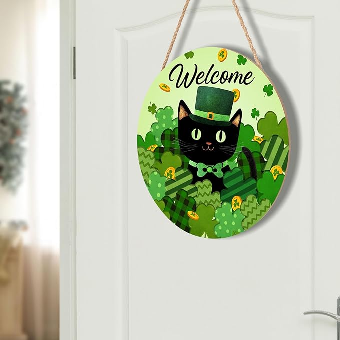Welcome St. Patrick's Day Green Shamrock Clover Door Sign For Front Door Decor,Black Cat Gold Coins Irish Wooden Sign 12"x 12" Round Wood Hanging Door Sign Decoration for Wall Rustic Decor