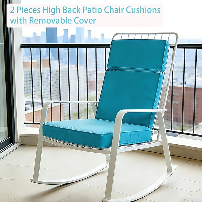 2 Pieces High Back Patio Chair Cushions, Fade Resistant Outdoor Rocking Chair Cushions, Office Chair Back Support Cushion (Lake Blue, Seat (21''x21''x3'')+Backrest (21''x28''x3''))