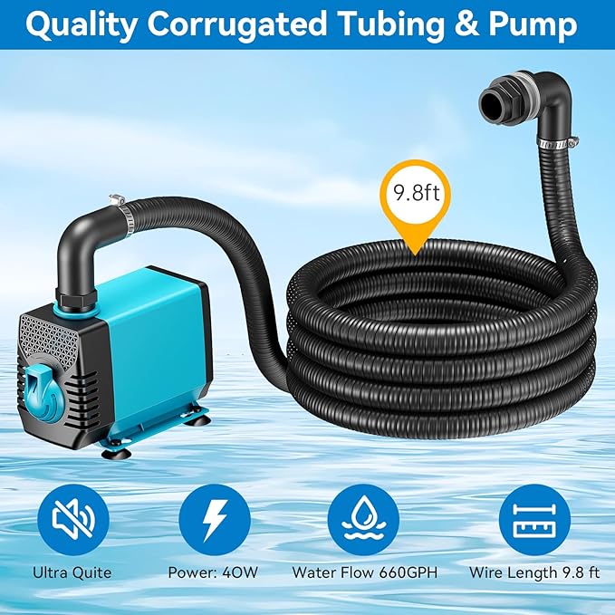 POPOSOAP Pond Waterfall Spillway with LED Lights, 304 Stainless Steel Waterfall Kit with Filtration & 9.8FT Tubing, 660GPH Pond Pump Fountain Kit for Outdoor Garden, Patio, 13.4" H x 8"W-P432D