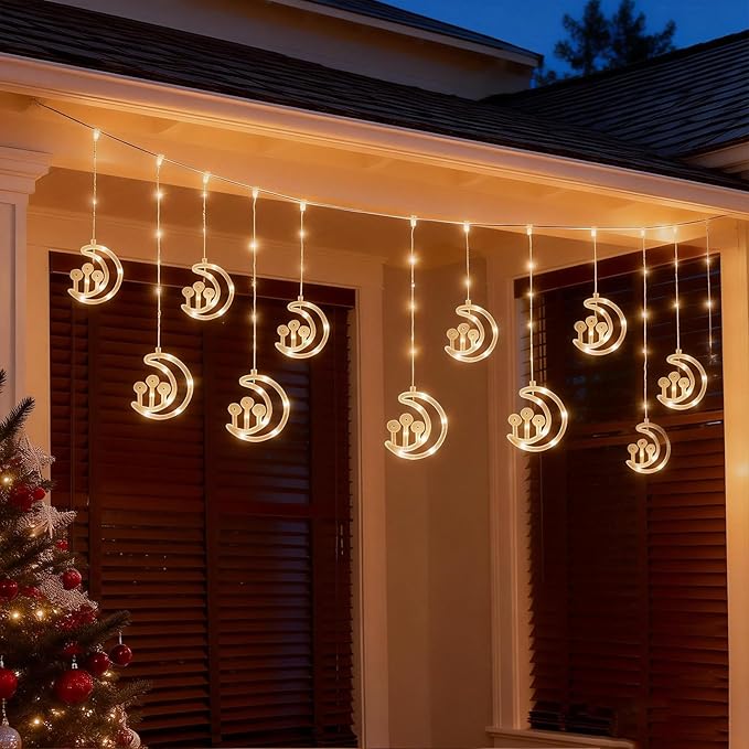 Vigdur Moon Ramadan Curtain Lights, 120 LEDs Warm White Eid Mubark Ramadan Curtain Fairy Lights with Remote & 8 Lighting Modes, Ramadan Decoration Lights for Home Holiday Eid Decorations(10FT)