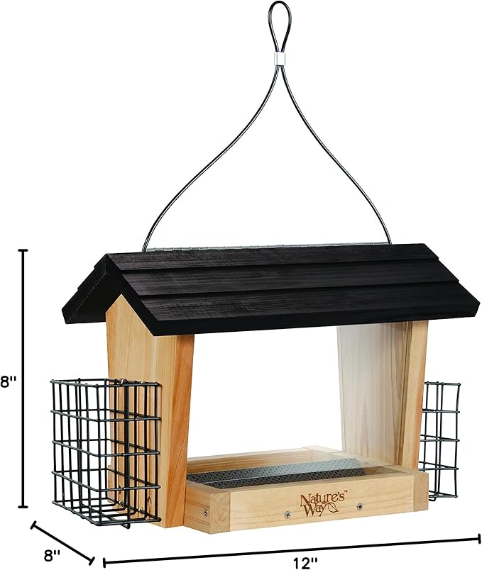 Nature's Way CWF19 Cedar Hopper Bird Feeder with Suet Cage, 6-Quart