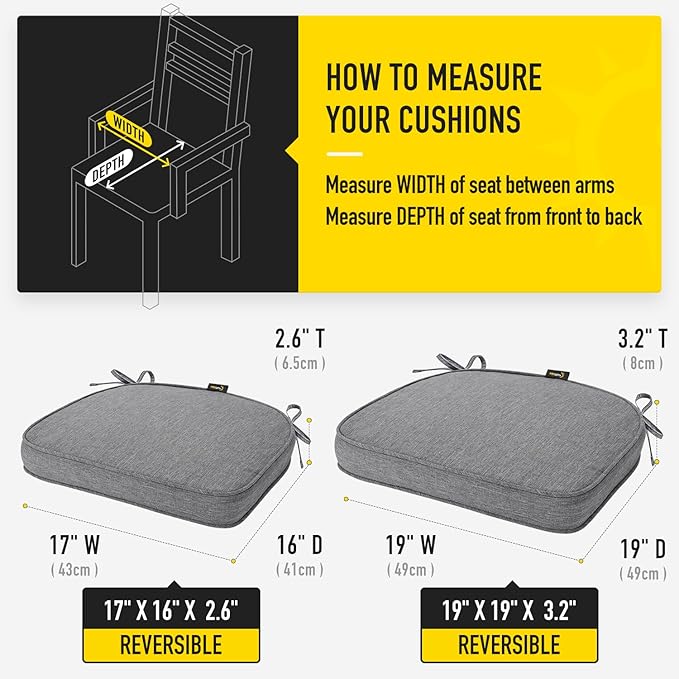SUNROX Gel Memory Foam Chair Cushions, FadeShield Water-, Stain-Resistant Durable Reversible Seat Cushion Pads with Ties for Indoor/Outdoor Kitchen Dining Office, 19"x19", Set of 2, Heather Charcoal