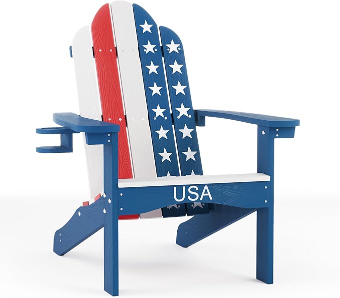 LUE BONA HDPS Adirondack Chairs Set of 2, Fire Pit Outdoor Chair Weather Resistant with Cup Holder, Modern Plastic Chair Plastic for Patio, Deck, Proch, 350LBS, Flag Blue