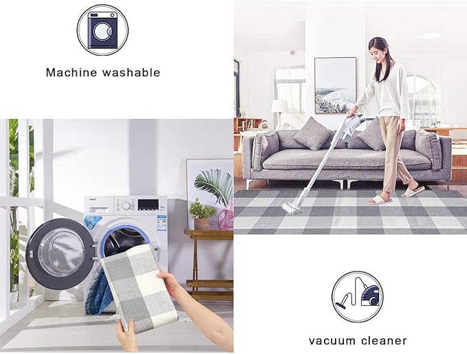 MUBIN Cotton Buffalo Plaid Rug, 27.5 x 43 in Grey and White Outdoor Rug Front Door Decorative Mat, Hand-Woven Foldable Rug for Layered Door Mats Washable Carpet for Front Porch, Entryway, Farmhouse