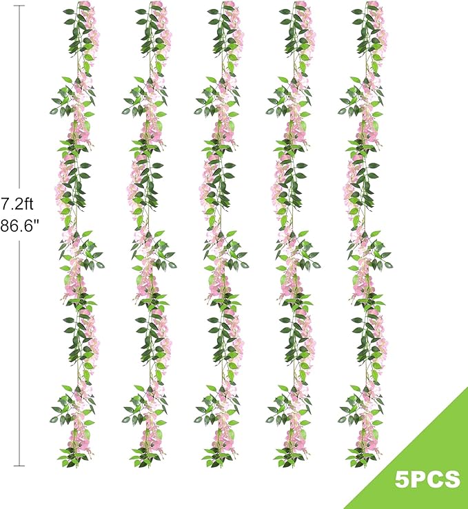 Findosom Wisteria Artificial Flowers Garland, 5Pcs Total 36FT Pink Wisteria Hanging Flowers, Flower Garland Decorations for Home Garden Outdoor Ceremony Wedding Arch Decoration