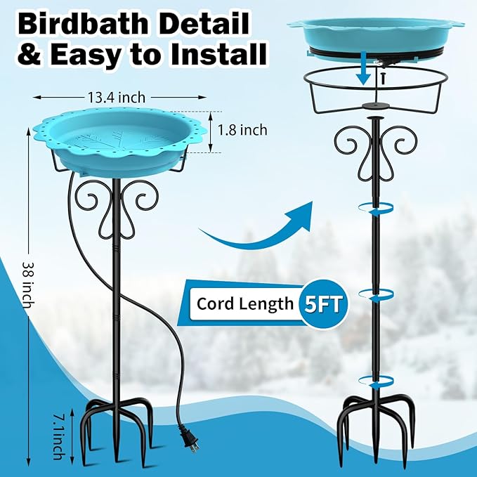 Heated Bird Bath for Outside Winter, Powerful 100W Thermostat Control Heated Bird Baths for Outdoors with 5-Prong Metal Stake, Heated Birdbath Water Heater for Garden Yard Patio Lawn (Blue)