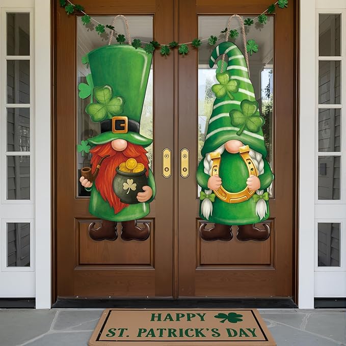 Thyle 2 Pcs Wooden St. Patrick's Day Gnomes Sign 32.3 x 12.2 Inch Irish Hanging Gnomes Front Door Decor Shamrock Lucky Green Hanger for Outdoor Indoor Front Porch Home Wall Supplies