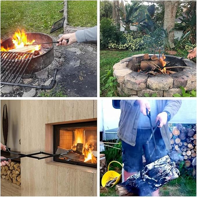 2Pcs Fire Poker and Fire Tongs Set, 32 inch Long Fireplace Poker Stick and 25 Inch Campfire Fireplace Tongs, Log Grabber Fire Pit Tools for Fireplace Wood Stove, Campfire, Bonfires, Indoor & Outdoor