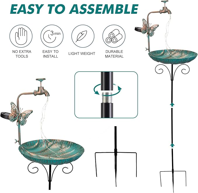 dreamysoul 50” Height Solar Bird Bath with Metal Stake Antique Bronze Faucet Solar String Light Birdbath for Outdoor Garden Decoration