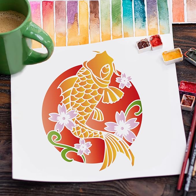 FINGERINSPIRE Koi Fish Stencils 11.8x11.8inch Fancy Carp Drawing Painting Stencils Koi Flower Leaf Wall Stencils Washable Reusable Mylar DIY Art Craft for Painting on Wood, Floor, Wall and Tile