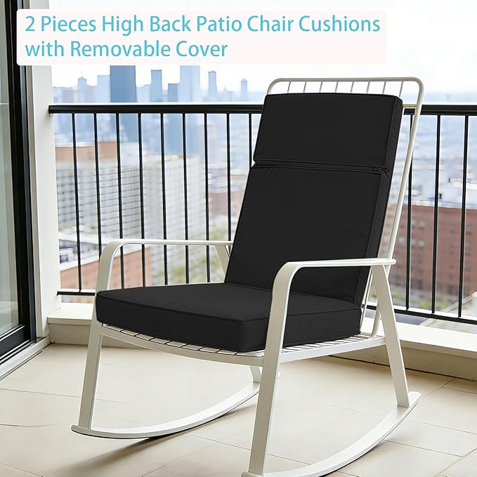 2 Pieces High Back Patio Chair Cushions, Fade Resistant Outdoor Rocking Chair Cushions, Office Chair Back Support Cushion (Black, Seat (21''x21''x3'')+Backrest (21''x28''x3''))