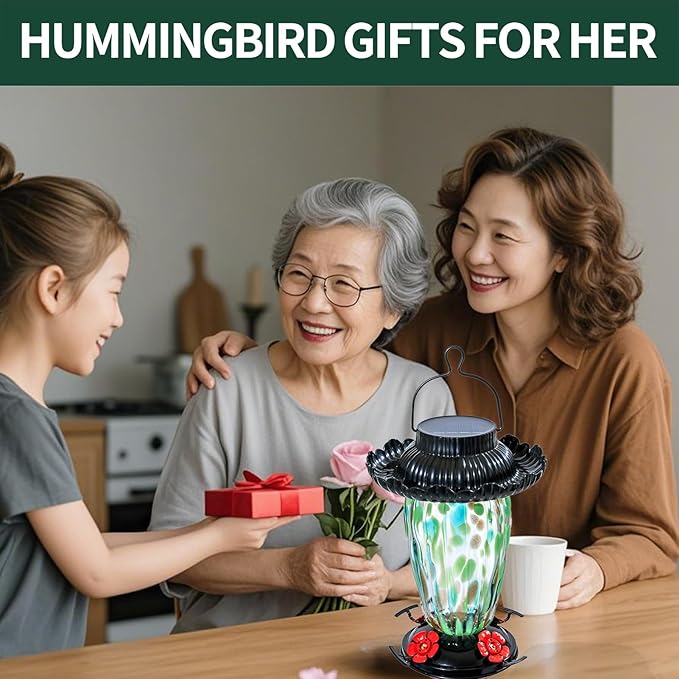 Muse Garden Solar Hummingbird Feeders for Outdoors Hanging, 38oz Hand Blown Glass Humming Bird Feeders for Garden Decor, Moms Birthday Unique, Green